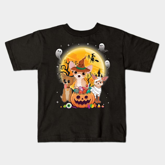 Chihuahua Dog Mummy Witch Moon Ghosts Happy Halloween Thanksgiving Merry Christmas Day Kids T-Shirt by joandraelliot